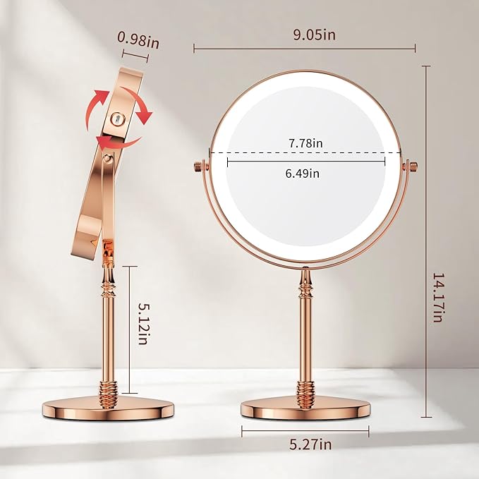Nicesail 1X/10X Magnifying Mirror with 3 Color Dimmable Lighting, Makeup Mirrors Light up and Magnified with 360 Rotation for Table, Rose Gold(8 Inch, 10X Magnification)
