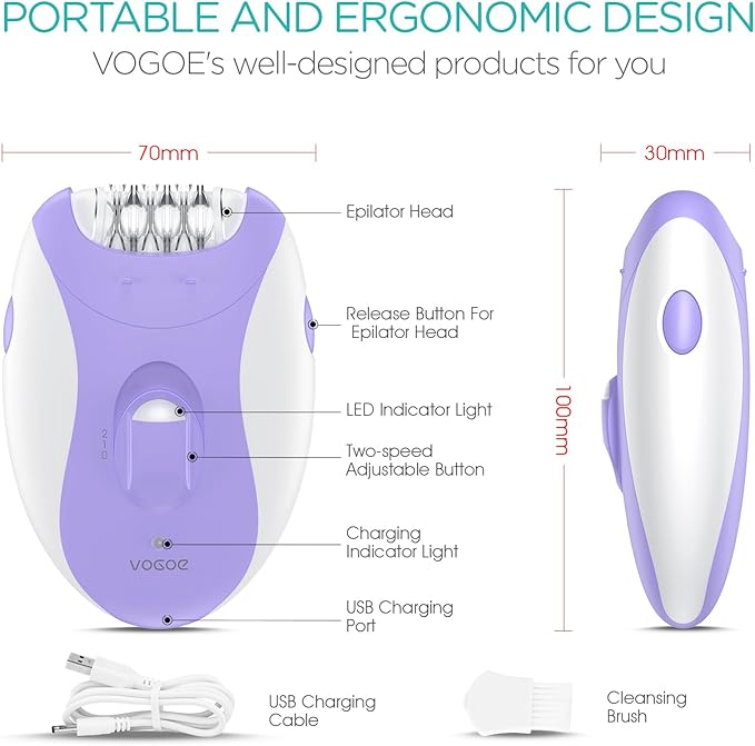 Epilators Hair Removal for Women with 21 Tweezers & LED Light, 2 Speeds Cordless Epilator for Women, Electric Hair Removal Epilators Rechargeable for Arms & Legs HR110 (Purple)