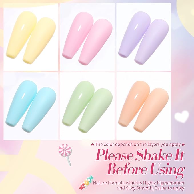 Born Pretty Pastel Gel Nail Polish Set Spring Summer Gel Polish Macaron Candy Sweet Color Gel Polish Easter Soft Pink Yellow Purple Blue Green Colors Collection Nail Art Gift Box 7ML 6PCS