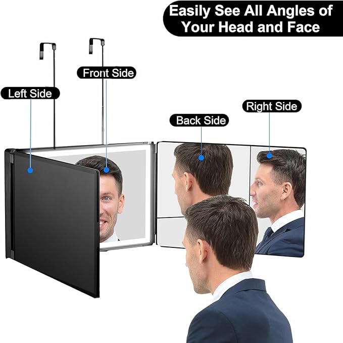 Vanexiss Rechargeable 3 Way Mirror for Hair Cutting, Real Glass Adjustable Trifold Mirror with 3 Color Temps LED Light & Telescoping Hooks for Makeup, Shaving & Styling