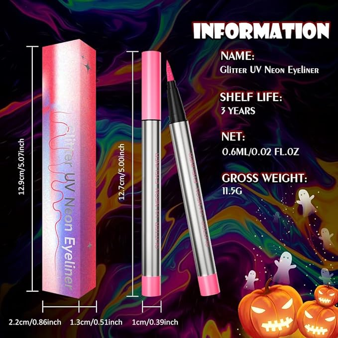evpct Pink Shimmer Eyeliner UV Neon Gel Eyeliner Pencil Makeup, Rainbow Halloween Colored Colorful Gel Eye Liner Pen Glow in Dark Makeup, Long Lasting Waterproof Eyeliners for Face Body Painting