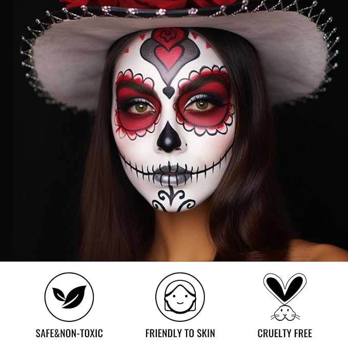 Black White Red Face Paint + 3PC Sponge + Brush, Colored Eye Black for Baseball Softball Sport Games, Body Painting Kit for Halloween Clown Makeup, Cosplay, Costume, SFX Special Effect, Theme Parties