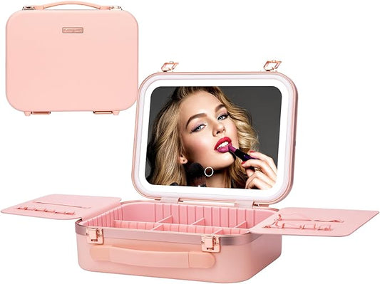 Travel Makeup Train Case With LED Lights, 3 Brightness Adjustable Portable Makeup Organizer, Professional Adjustable Divider Storage Waterproof Makeup Train Case Accessories and Toolboxes