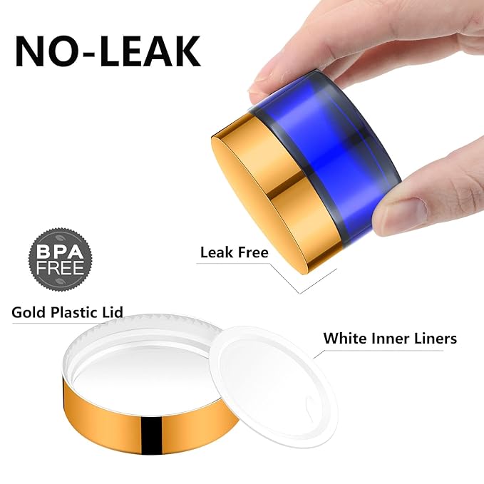 1 Oz Cobalt Blue Round Glass Jars with Inner Liners and Gold Lids(12PCS) Empty Cream Containers Refillable Cosmetic Vials for Cosmetics, Lotions, Ointment, Body Scrubs & Balms