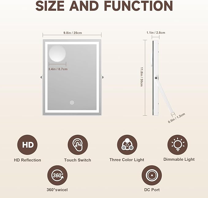 MINISO Vanity Mirror with Lights, 9.8" x 12" LED Makeup Mirror, Light & Brightness Adjustment, Smart Sensor, 360°Rotation, Aluminum Alloy Metal White Frame, with 5X Magnifying Glass