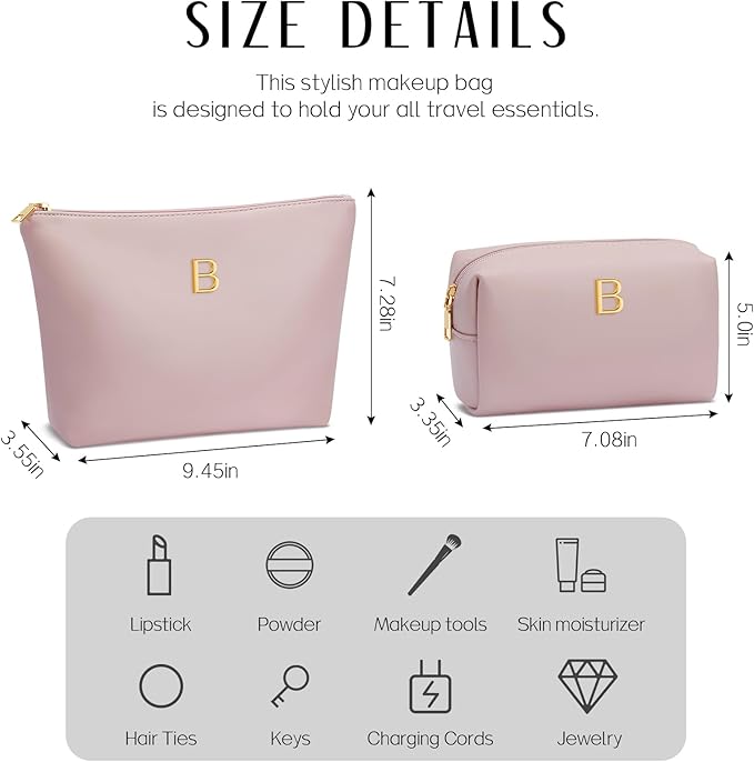 Women Gifts | Initial Makeup Bag Set for Girl Personalized Gifts for Bridesmaid Friend Graduation Teachers PU Leather Cosmetic Travel Toiletry Bag(Pink,B)
