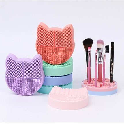 Silicon Makeup Brush Cleaner Mat with Drying Holder - Portable Cat Shaped Cosmetic Brush Cleaner Pad - New Orange