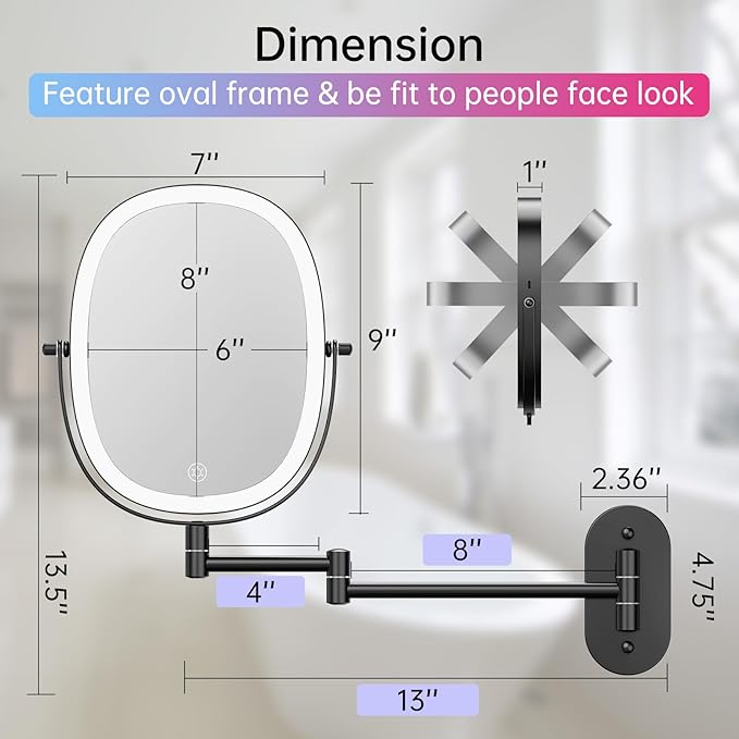 FUNTOUCH Rechargeable Wall Mounted Lighted Makeup Vanity Mirror, Double Sided 1X/7X Magnification, 3 Dimmable Light Settings, Extension Arm, Oval Frame, Ideal for Makeup