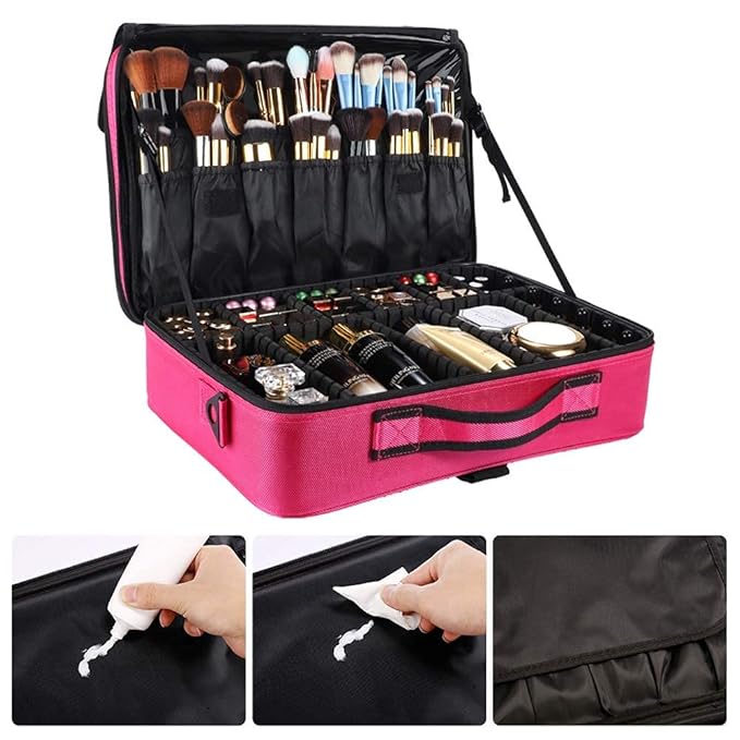gzcz Professional Travel Makeup Case 13.5 Inches Makeup Bag Cosmetic Brush Organizer Portable Artist Storage Train Bag with Adjustable Dividers for Make Up Accessories（M-Rose Red）