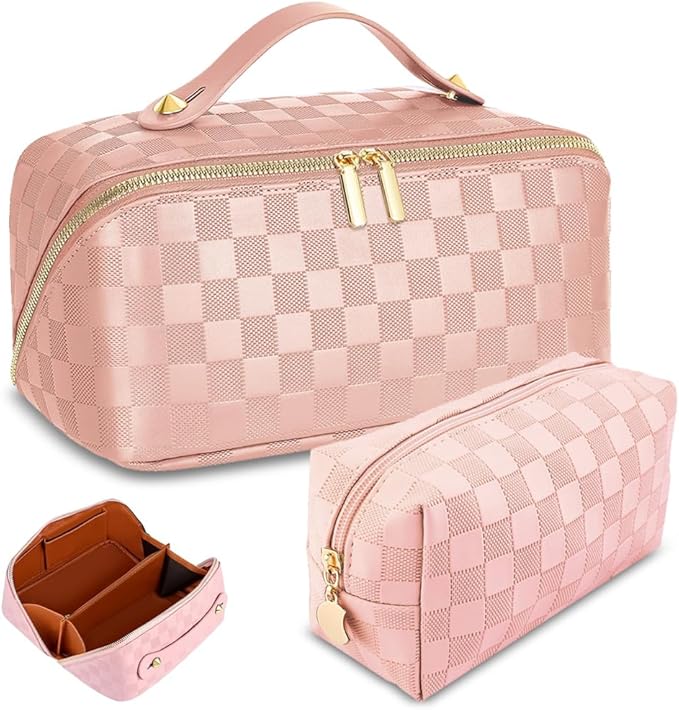 Checkered Travel Makeup Bags Cosmetic Organizer Bag: 2-Set Large Capacity Waterproof Makeup Bag - PU Leather Toiletry Bag for Women - Wide Open Portable Pouch with Handle and Divider (PINK)
