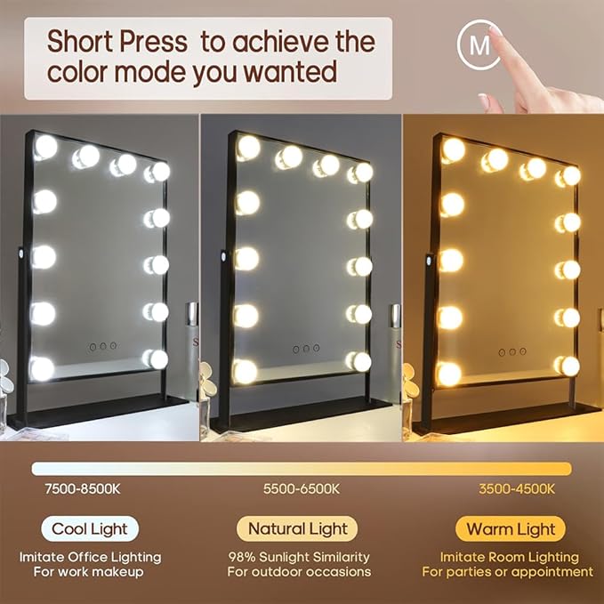 Hansong Black Vanity Mirror Makeup Mirror with Lights 12 Dimmable LED Bulbs Lighted Makeup Mirror Touch Screen Control 10X Magnification