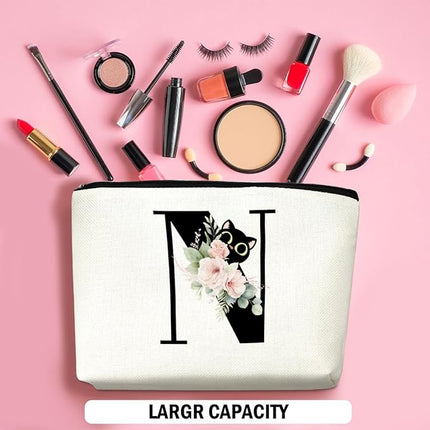 Floral Cat Initial Makeup Bag, Personalized Skin Care Bag, Travel Organizer Toiletry Bags for Women Mom Friends, Cosmetic Bags Makeup Pouch with Zipper, Letter N