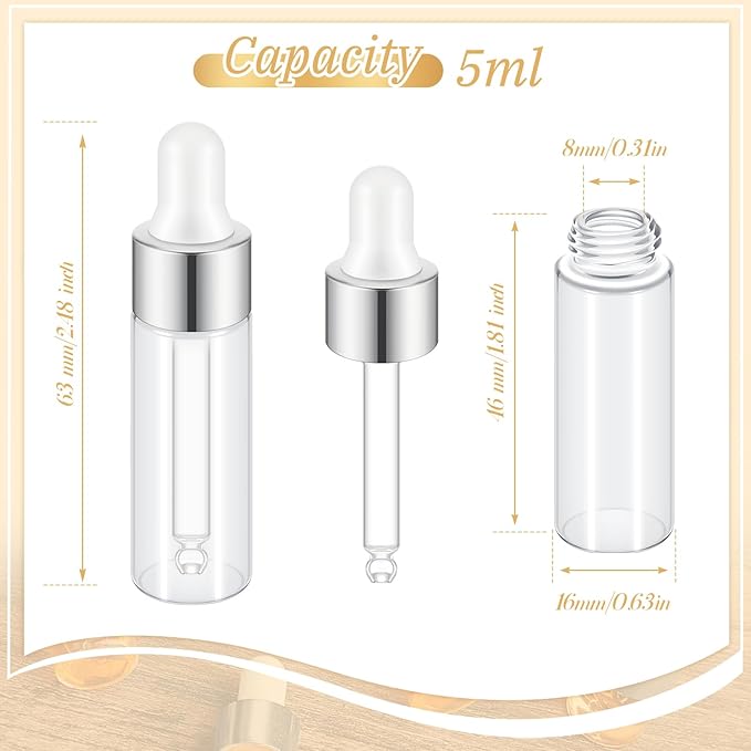 100 Pcs Mini Glass Oil Dropper Bottle Bulk, Clear Essential Small Empty Bottles Sample Containers Perfume Liquid Vials with Cap for Traveling (5 ml,Sliver)