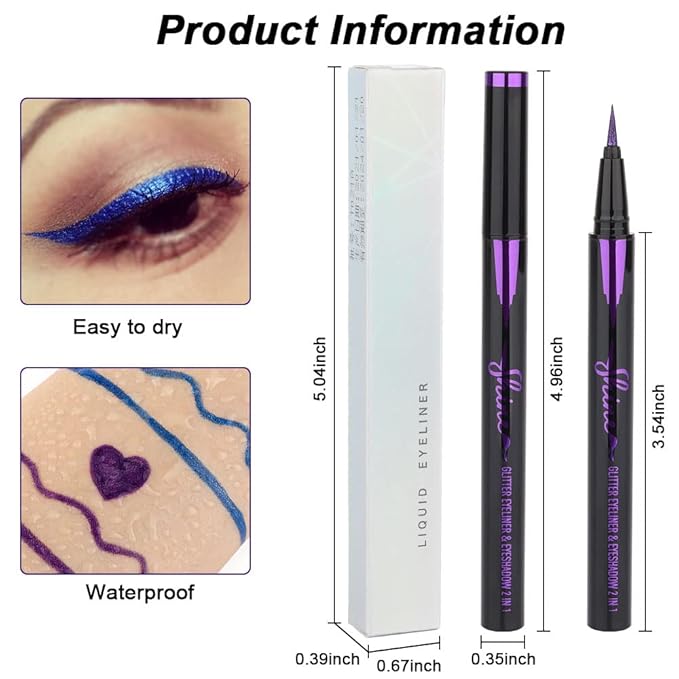 evpct 2Pcs Royal Blue & Purple Glitter Colored Liquid Eyeliner Eye Shadow Makeup Pencil Set, Purple Blue Face Body Glitter Makeup Fake Eyelashes Mascara, Sparkle Metallic Shimmer Eyeliner Waterproof
