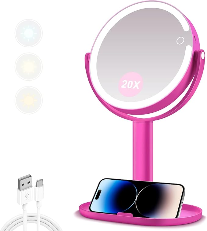 MIYADIVA Makeup Mirror with Lights, 20X Magnifying Mirror with Light and Touch Switch, 2-Sided Vanity Mirror with 3 Color and 80 LEDs, Hot Pink