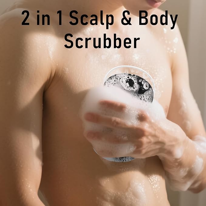 Silicone Body Scrubber Shower Bath Exfoliator 2 in 1 Scalp Massage Mens Body Wash with No-Slip Handle Lather Deep Clean Bathing Upgrade Long Lasting Bristles Loofah All Skin 1 Pack Black