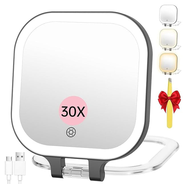 FASCINATE Rechargeable Travel Makeup Mirror 30X Magnification, 7" Lighted Portable Vanity Mirror with 3 Colors Lighting & Stepless Dimming, Double Sided LED Mirror, Gift for Women (Black)