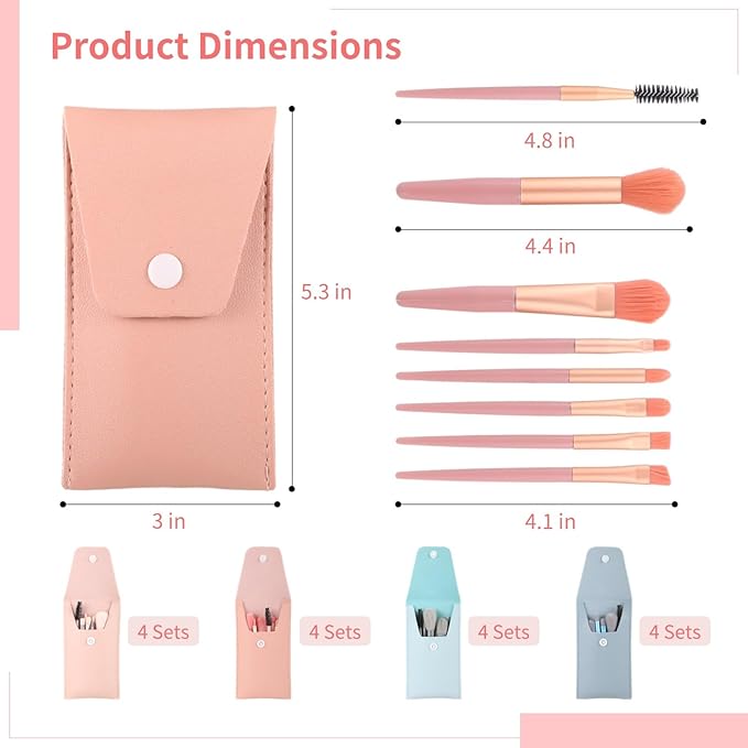 16 Pack Travel Brush Sets 8-Piece Mini Synthetic Fiber Cosmetic Brushes with Bag, 4 Colors- Bridesmaid Present & Bachelorette Party Favor