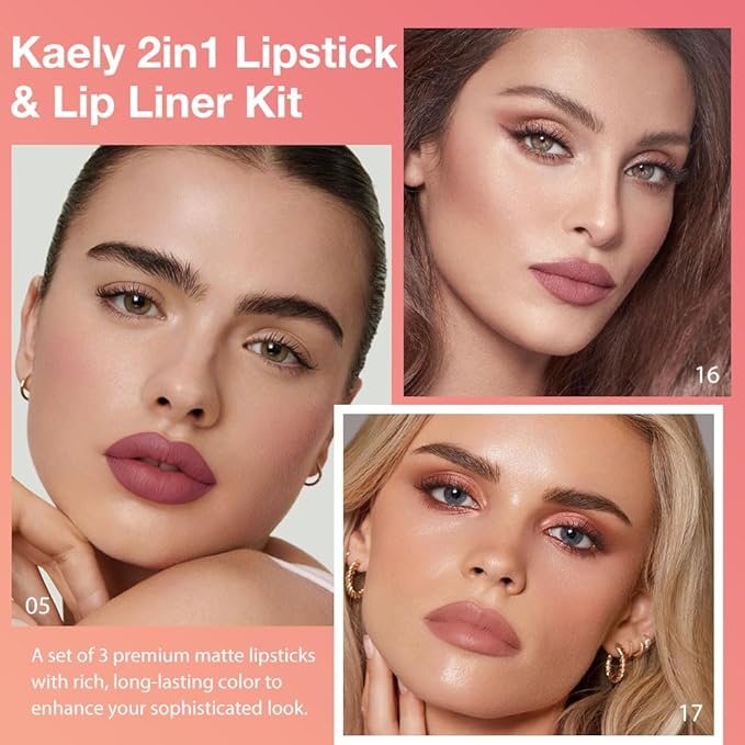 Kaely 3Pcs Gradient Matte Lipstick Lip Liner Pencil Set for Women, 2in1 Flawless Contour Gradual Ombre Effect Lip Pencil Makeup Waterproof, labiales mate 24 horas originales, 05+16+17