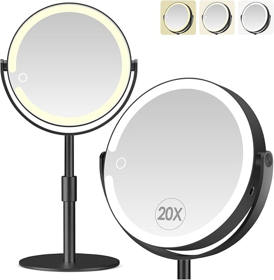 Led Makeup Mirror with Lights, 20X Magnifying Mirror, Rechargeable Magnified Makeup Mirror with 360°Rotation & Height Adjustable, Detachable Vanity Mirror(Black)