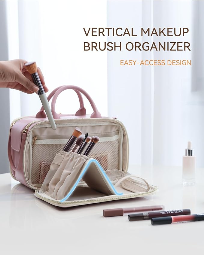 Prite Makeup Bag for Women, Large Capacity Waterproof Travel Cosmetic Organizer, Portable Open Flat Toiletry Bag with Free-standing Brush Holder and Handle(Pink Large)