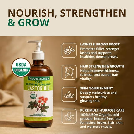 RejuveNaturals Castor Oil (16oz Glass Bottle) USDA Certified Organic, 100% Pure, Cold Pressed, Hexane Free. Boost Hair Growth for Thicker, Fuller Hair, Lashes & Eyebrows.