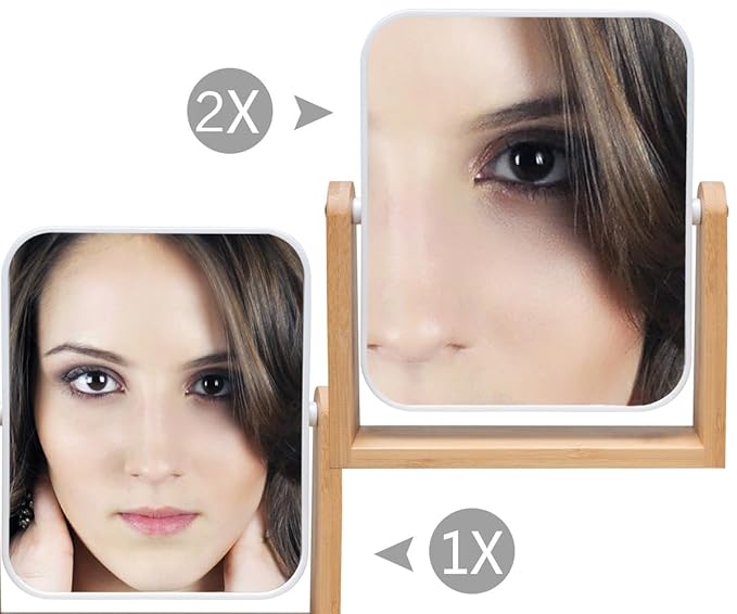 YEAKE Vanity Makeup Mirror with Natural Bamboo Stand, 8 Inch Double Sided 360 Degree Swivel Magnifying Mirror for Table, Desk, Countertop Shaving Make Up