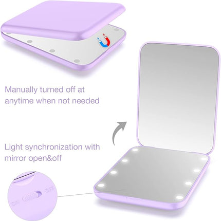 WOBSION Small Mirror with Lights,LED Compact Makeup Mirror,1x/3x Mini Travel Mirror with Magnification,Portable for Purse,Pocket,Gifts for Girls,Purple