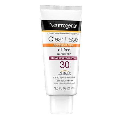 Neutrogena Clear Face Sunscreen Lotion for Acne-Prone Skin, Broad Spectrum SPF 30 Facial Sunscreen for Oily Skin, Fragrance- & Oxybenzone-Free Water Resistant, 3 fl. oz