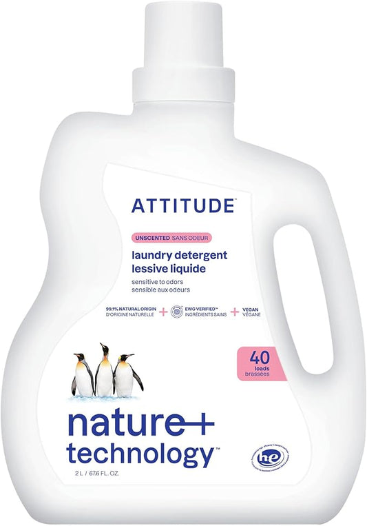 ATTITUDE Liquid Laundry Detergent, EWG Verified, HE Compatible, Plant-Based & Vegan, Natural Laundry Soap, Unscented, 40 Loads, 67.6 Fl Oz
