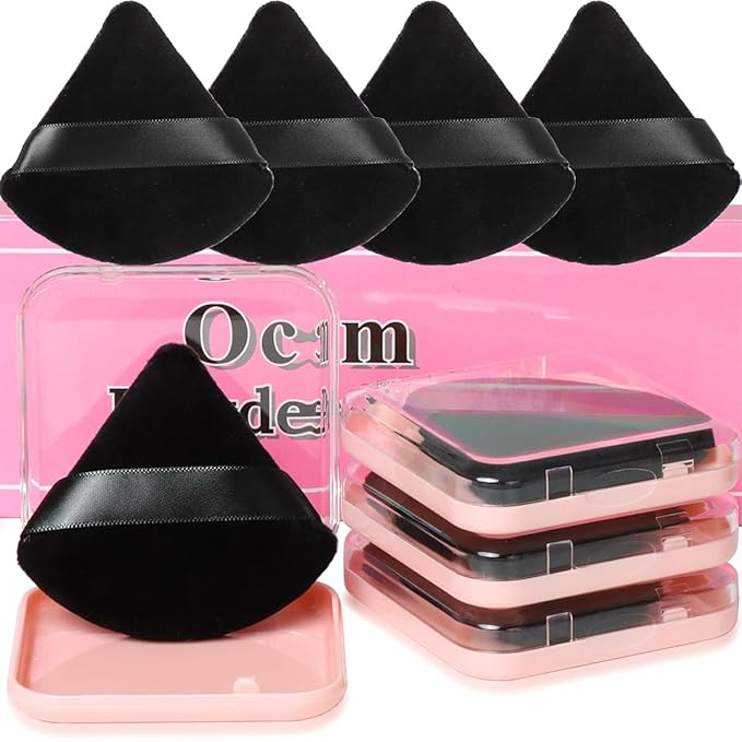Ocim 4 Pcs Triangle Powder Puffs for Face Powder,Soft Velour Triangular Beauty Puff,Makeup Pressed, Baking & Setting Powder Sponge Applicator Pads with Case,black