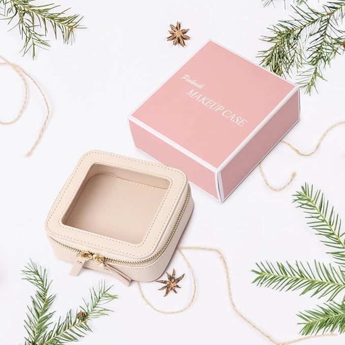 Pinkmik Small Makeup Bag Mini Clear Cosmetic Makeup Case & Toiletry Bag with Zipper Women's Purse Organizer & Car Essentials (Beige, MINI)