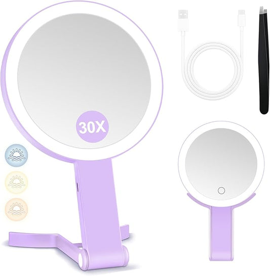 MIYADIVA Magnifying Mirror with Light, Double Sided 30X/1X Lighted Travel Makeup Mirror with Magnification, 3 Color Lighting, Dimmable Touch Screen, Adjustable & Foldable Hand Mirror (Purple)