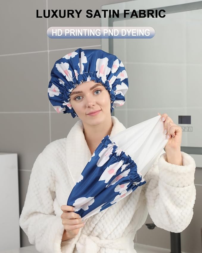 YIZIJIZI Shower Cap,Shower Caps for Women Reusable Waterproof,Two Layer Large Shower Caps Reusable Suitable for All Types of Straight Hair, Curly Hair, Long Hair,Braids (Blue flowers)