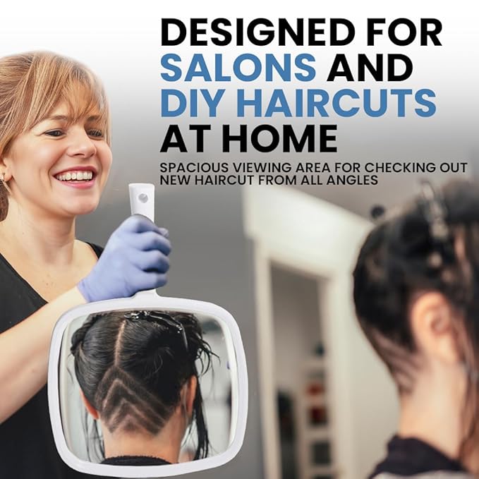 MIRRORVANA Hand Mirror with Ergonomic Handle - Hand Held Mirror for Make-up, Home Haircuts, Dental and Barber Use, 8” x 11” (White)