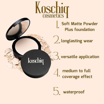 Koschiq Soft Matte Powder + Foundation – 2-in-1 Compact with Oil Control & Blurring Effect | 24hrs stay Longwear, Buildable Matte Finish | k-38. Light with warm olive undertone)