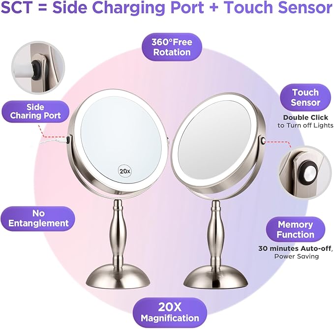 20x Magnifying Mirror with Light, Lighted Makeup Mirror with 3 Color Modes and Adjustable Brightness, Side Charging Port & SideTouch Sensor, 360° Rotation Double Sided Standing Mirror-Brushed Nickel