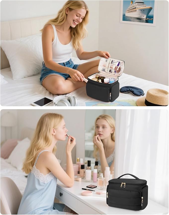 WANDF Travel Toiletry Bag for Women, Wide-open Large Makeup Bag with Handle, Puffy Makeup Organizer for Toiletries, Cosmetics, Accessories, Essentials (Black)