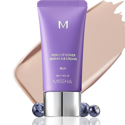 MISSHA M PERFECT COVER SERUM BB CREAM No.21 Light Beige - Light with Cool Undertone, BB Cream by Cardi B Pick, Skin Tint, Tinted Moisturizer, Skin Care Foundation Makeup, Korean Makeup,1.18 Fl oz