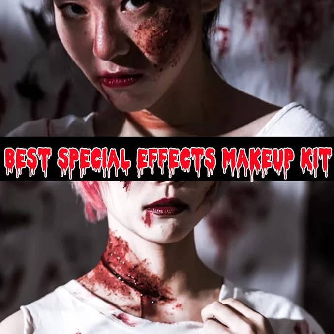 Bowitzki Halloween Makeup Kit Cream Face Paint Water Based Liquid Latex Fake Blood Brush Sponges Body Painting Special Effects SFX Zombie Vampire Monster Christmas Party red black white