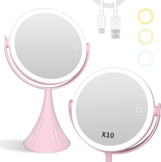Makeup Mirror with Lights, 1X/10X LED Magnifying Vanity Mirror, HD Lighted Mirror for Desk, 3 Color Lights Adjustable Brightness, 360° Rotation 2-Sided 7.6" Dorm Room Mirror, Women Birthday Gifts