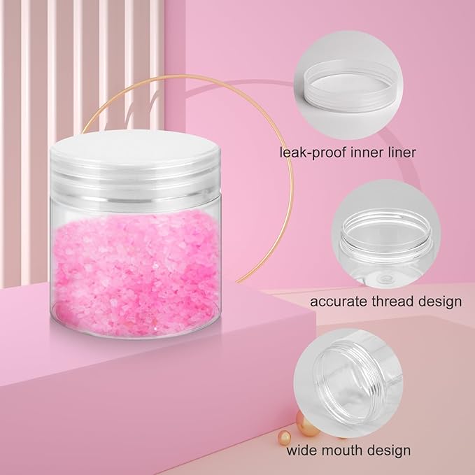 36 Pack 2 OZ Plastic Jars with Lids, BPA Free, Reusable, Refillable Transparent Cosmetic Containers for Bath Salts, Cosmetics, Powders, Beauty Product and Small Accessories - White