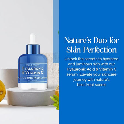 Bella Beauty Hyaluronic Acid & Vitamin C Moisturizing Facial Serum - Hydrating, Reduces Wrinkles & Fine Lines, Boosts Collagen - Dermatologist Tested, Korean Skin Care for All Skin Types - 1.69 Fl. Oz