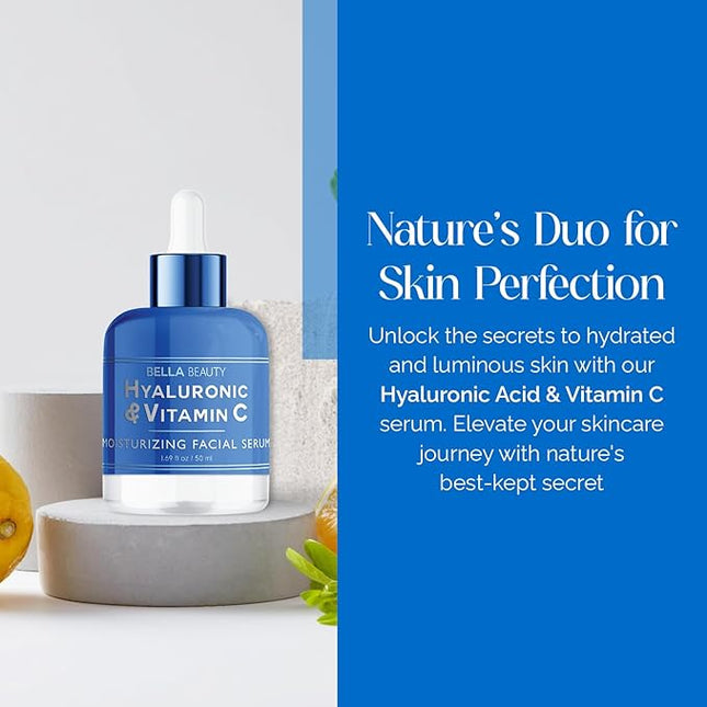 Bella Beauty Hyaluronic Acid & Vitamin C Moisturizing Facial Serum - Hydrating, Reduces Wrinkles & Fine Lines, Boosts Collagen - Dermatologist Tested, Korean Skin Care for All Skin Types - 1.69 Fl. Oz
