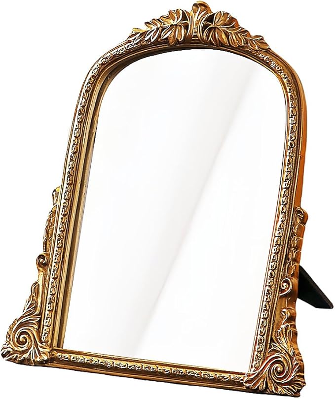 Vintage Gold Vanity Makeup Desk Mirror - Antique Chic Arch Table Mirror with Carved Resin Frame, Small Standing Arendahl Mirror for Living Room, Bedroom, Tabletop (13.2" x 12.8")