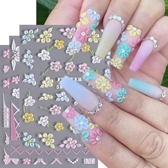 3 Sheets Summer 5D Flower & Butterfly Nail Art Stickers Set, 5D Embossed Nail Decals Daisy French Nail Art Design Self Adhesive Nail Supplies Colorful Flower Nail Stickers Decoration for Women Girls