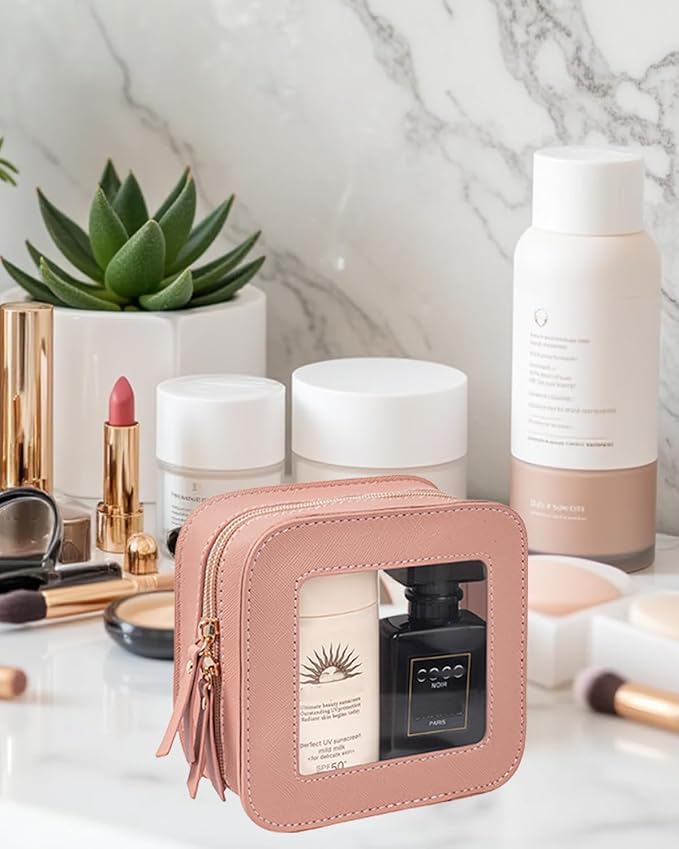 2 Pcs Travel Clear Makeup Bag Set, Clear White Makeup Organizer with Zipper Leather Travel Bags for Toiletries Small Cosmetic Bags for Women Mini Make up Pouch Toiletry Bags Car Essentials