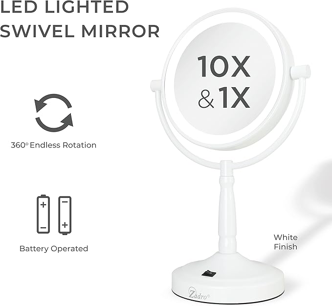 Zadro 9" Round LED Makeup Mirror with Lights and Magnification 5&10X/1X AA Battery Operated Swivel Lighted Makeup Mirror