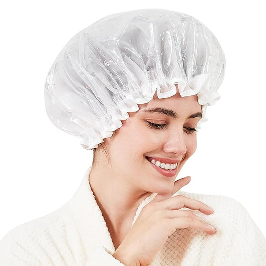 Auban Luxury Shower Cap Reusable Waterproof for Women Sequin Lined Hair Cap for Shower Plastic Cap for Long Hair Large Double Layer Bath Cap Travel Essential & Cleaning Supplies