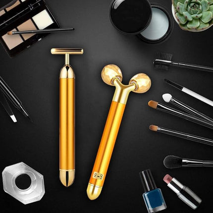 DANGSHAN 2-in-1 Electric Face Massager 24k Golden Facial Massager, 3D Roller and T Shape Facial Roller Massager Kit Skin Care Tools